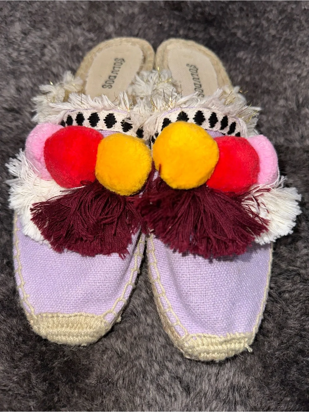 Soludos Coco Lilac Multicolor Pom Pom Espadrille Slides Sz 6 Anthroplogie Boho